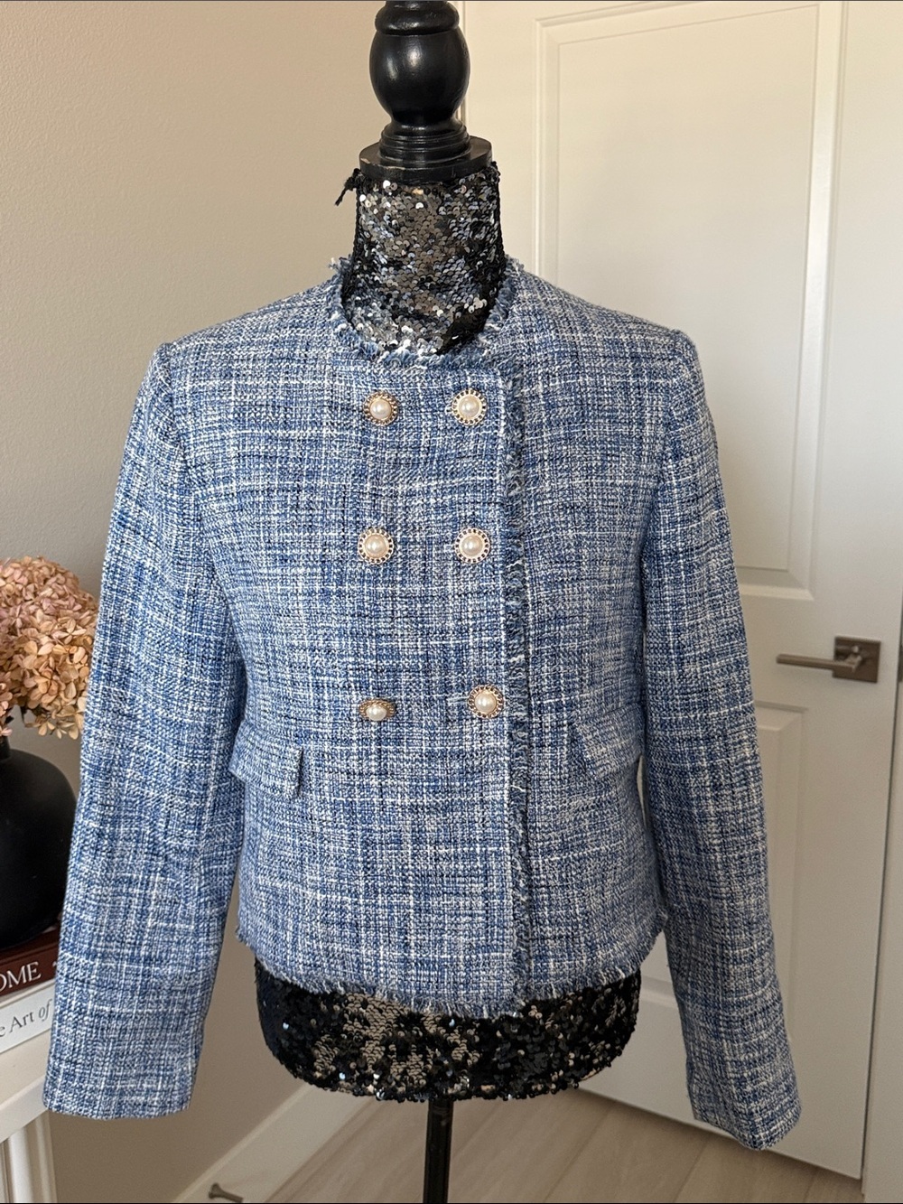 Maeve Light Blue Tweed Pearl-Button Blazer